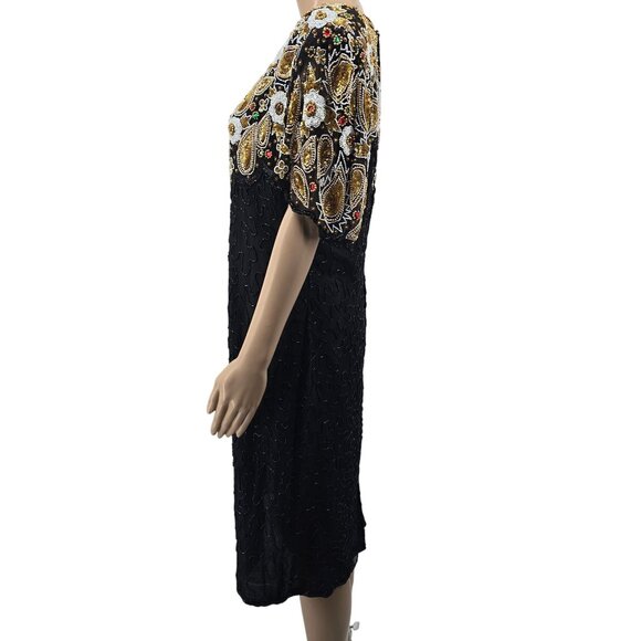 Vintage Swee Lo Silk Beaded Dress With Ornate Floral Design & Sequins - Picture 3 of 9